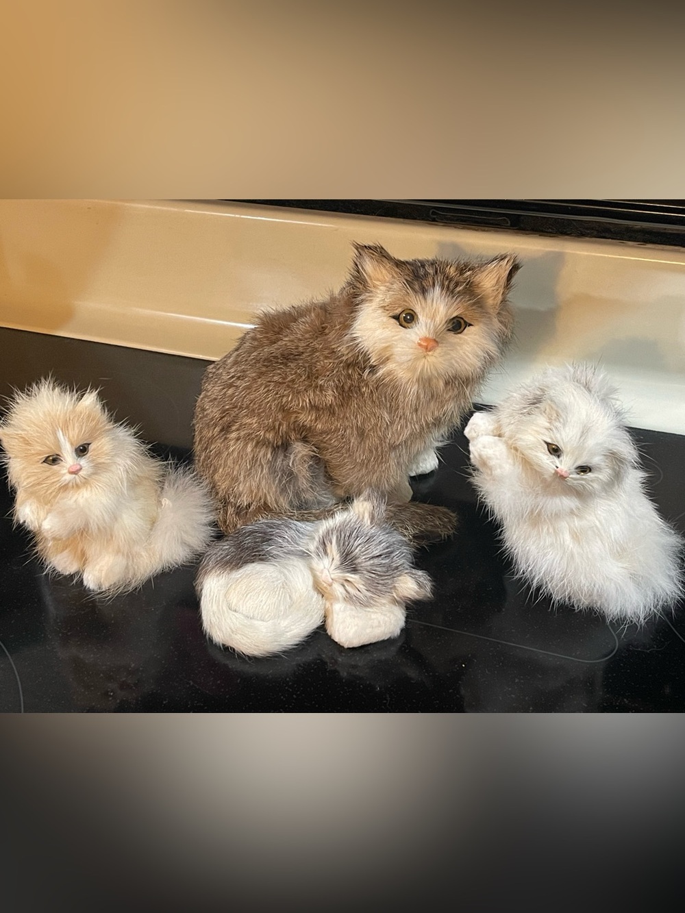 Cat Kitty Decor Handmade Real Fur White Calico Figurine Lot 4 pcs Life-Like VTG